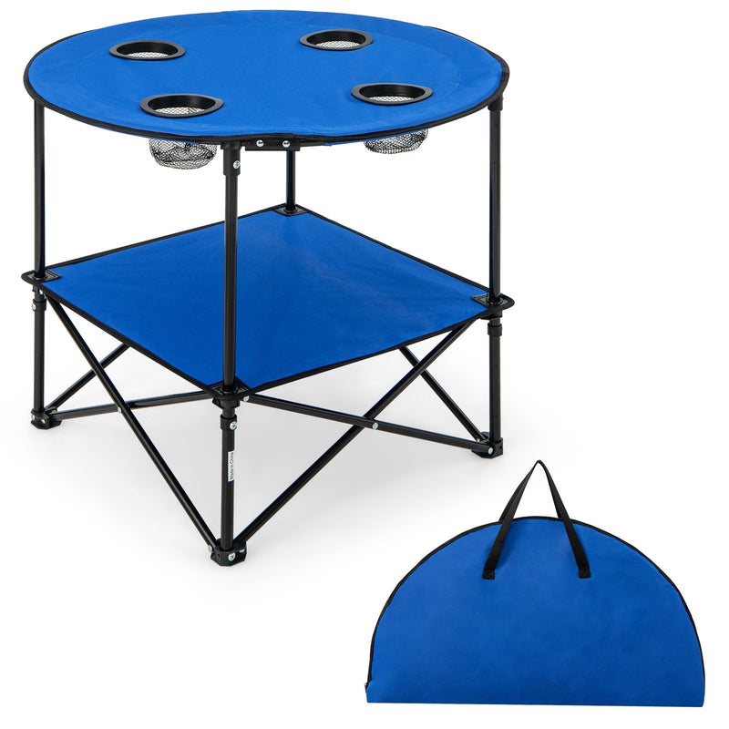 2-Tier Portable Picnic Table with Carrying Bag and 4 Cup Holders-Blue