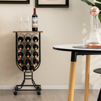 14 Bottles Wine Rack with Detachable and Lockable Wheels-Black