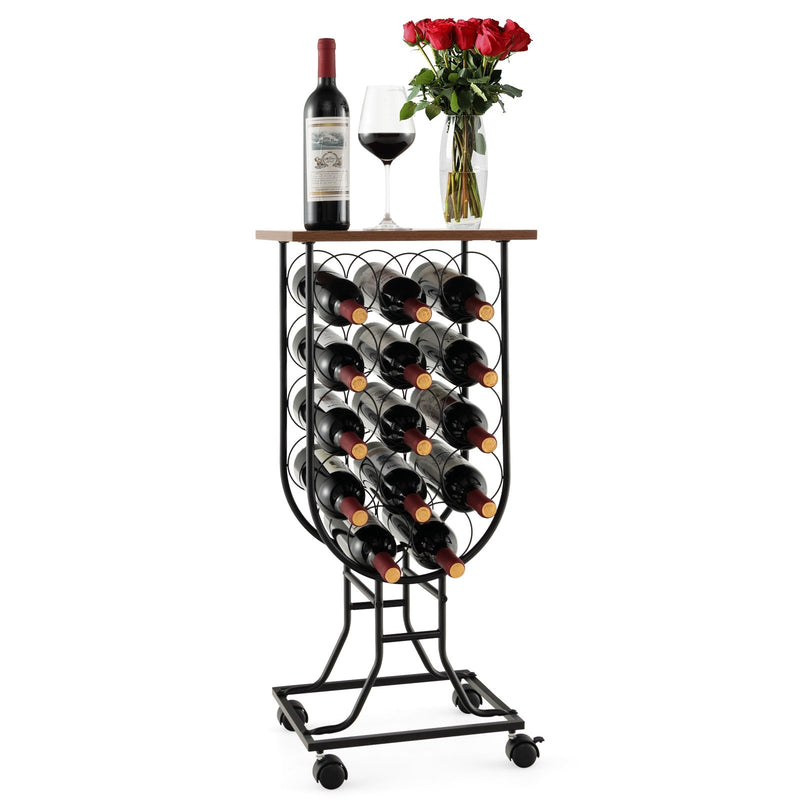 14 Bottles Wine Rack with Detachable and Lockable Wheels-Black