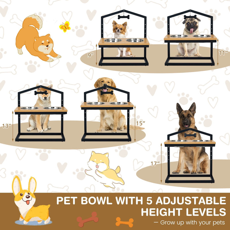 5 Heights Elevated Pet Feeder with 2 Detachable Stainless Steel Bowl-Natural