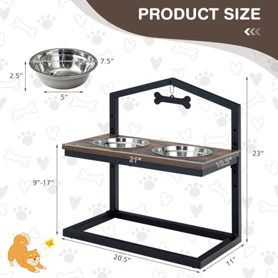 5 Heights Elevated Pet Feeder with 2 Detachable Stainless Steel Bowl-Brown