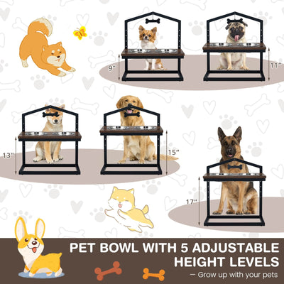 5 Heights Elevated Pet Feeder with 2 Detachable Stainless Steel Bowl-Brown