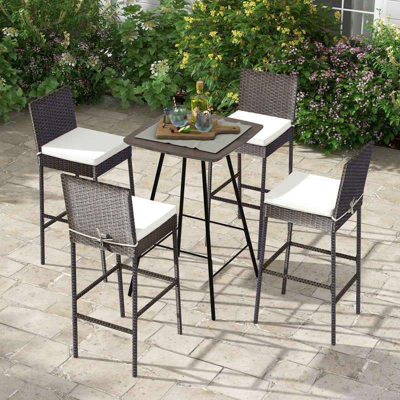 4 Pieces Patio Wicker Barstools with Seat Cushion and Footrest-Set of 4