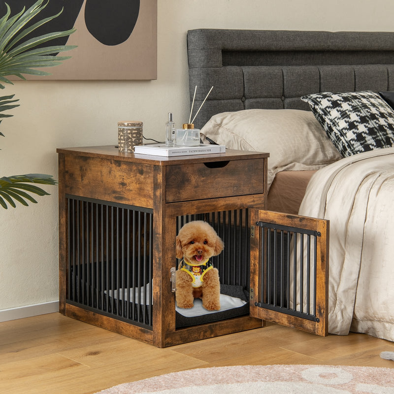 2-In-1 Dog House with Drawer and Wired Wireless Charging-Rustic Brown