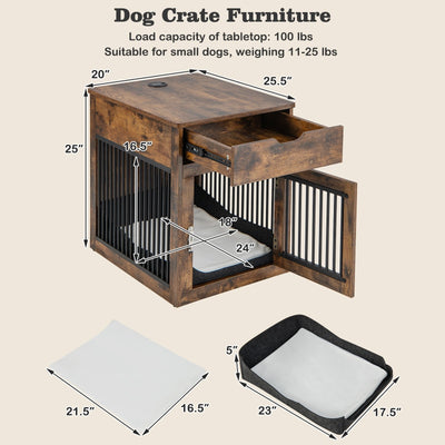 2-In-1 Dog House with Drawer and Wired Wireless Charging-Rustic Brown