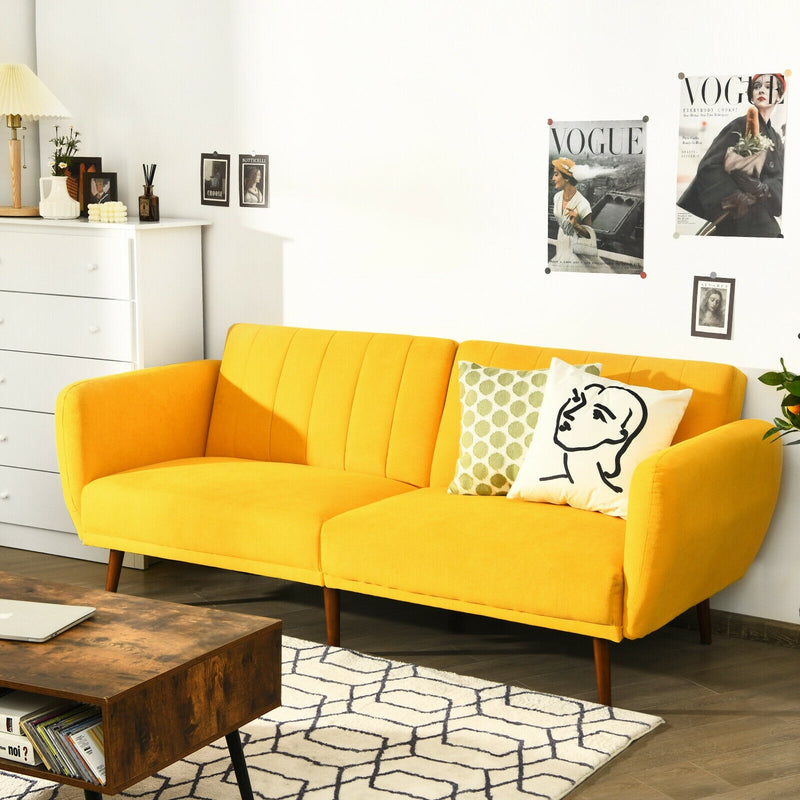 Convertible Futon Sofa Bed Adjustable Couch Sleeper with Wood Legs-Yellow