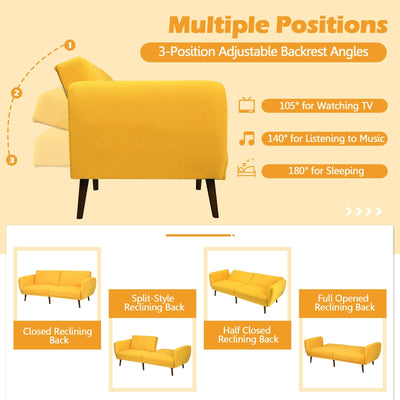 Convertible Futon Sofa Bed Adjustable Couch Sleeper with Wood Legs-Yellow