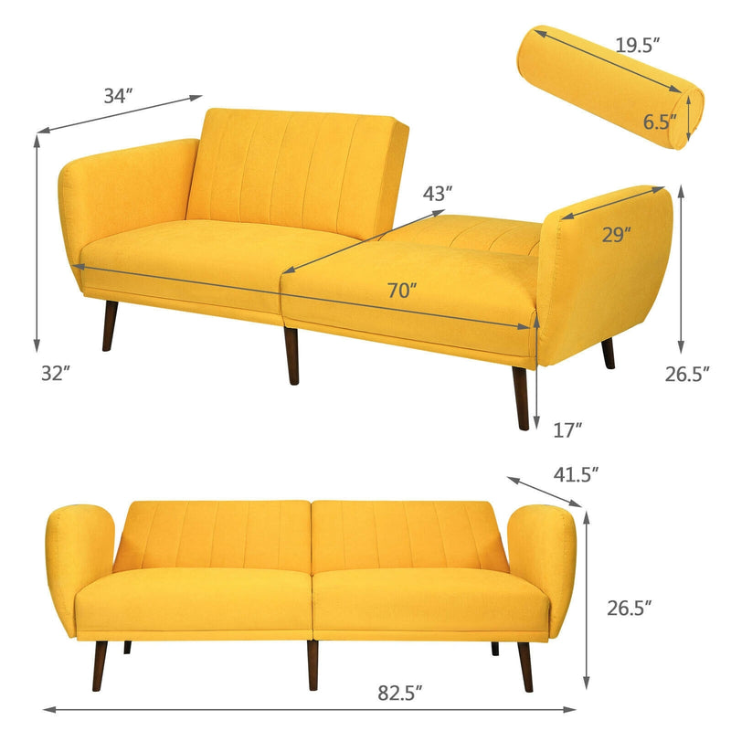 Convertible Futon Sofa Bed Adjustable Couch Sleeper with Wood Legs-Yellow