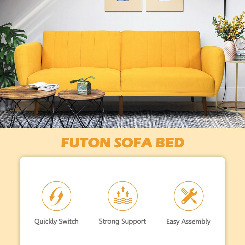 Convertible Futon Sofa Bed Adjustable Couch Sleeper with Wood Legs-Yellow