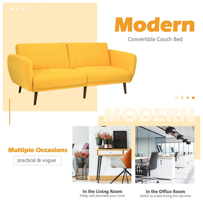 Convertible Futon Sofa Bed Adjustable Couch Sleeper with Wood Legs-Yellow