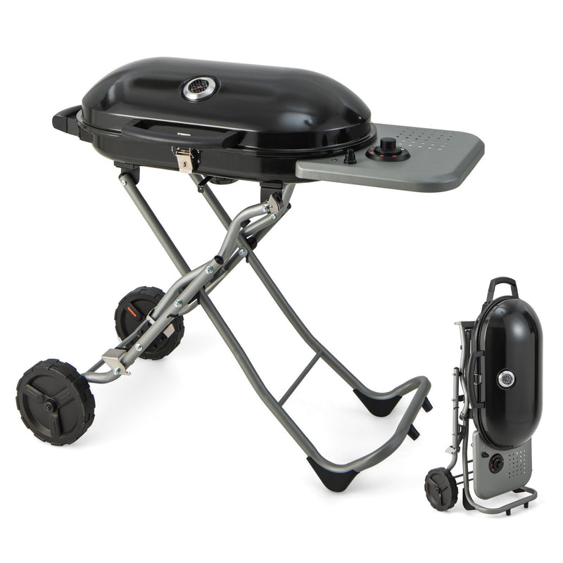 15000 BTU Portable Propane BBQ Grill with Wheels and Side Shelf-Black