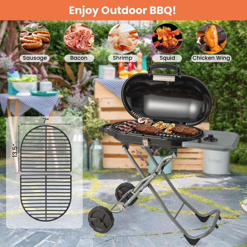 15000 BTU Portable Propane BBQ Grill with Wheels and Side Shelf-Black