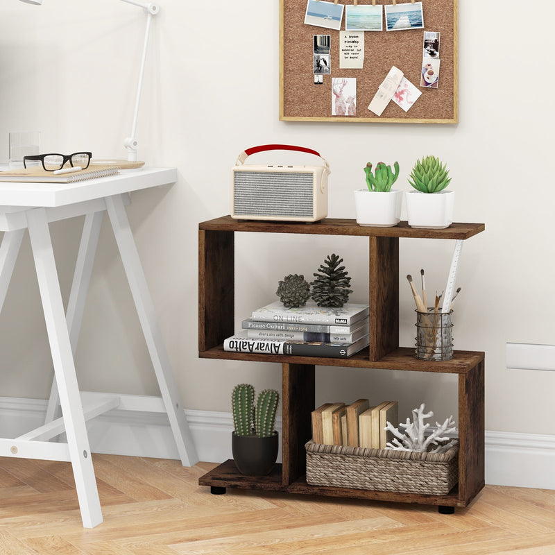 24 Inch 3-Tier Geometric Bookshelf with Thick Foot Pads-Brown