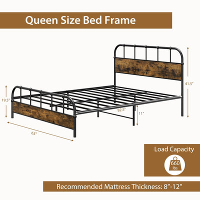 Queen Size Industrial Metal Platform Bed Frame Headboard Mattress Foundation-Queen Size