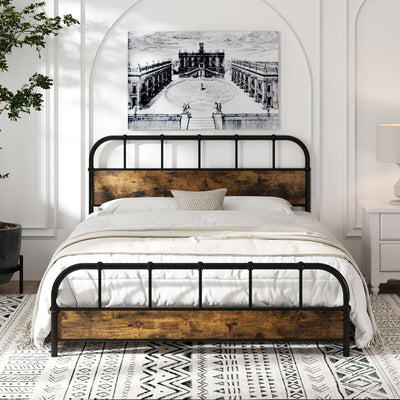 Queen Size Industrial Metal Platform Bed Frame Headboard Mattress Foundation-Queen Size