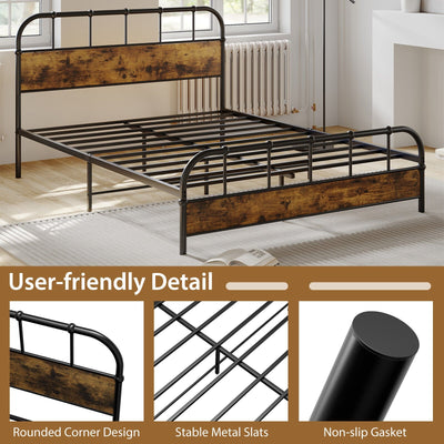 Queen Size Industrial Metal Platform Bed Frame Headboard Mattress Foundation-Queen Size