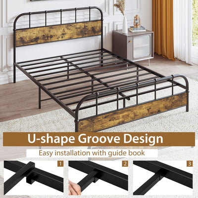 Queen Size Industrial Metal Platform Bed Frame Headboard Mattress Foundation-Queen Size