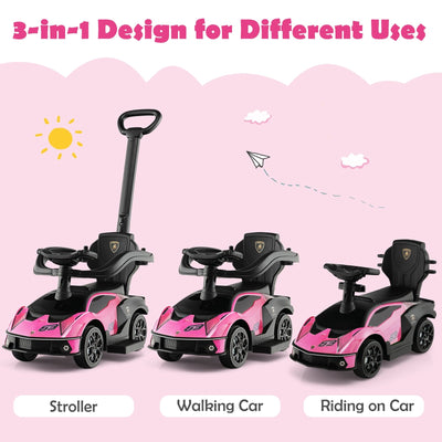 3-in-1 Licensed Lamborghini Ride on Push Car with Handle Guardrail-Pink