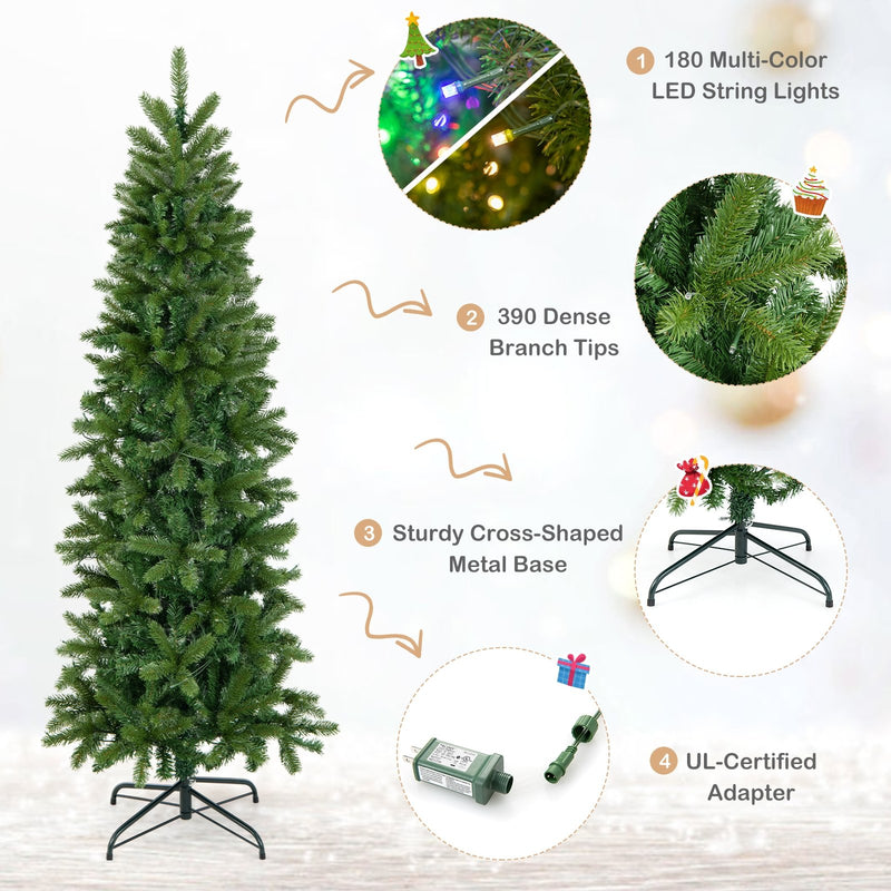 Pencil Christmas Tree with 180 Warm White and Multi-color LED Lights