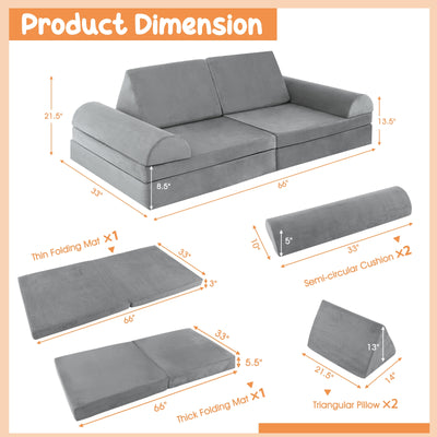 6 Pieces Convertible Kids Sofa Playset with Zipper-Gray