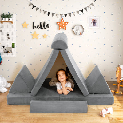 6 Pieces Convertible Kids Sofa Playset with Zipper-Gray