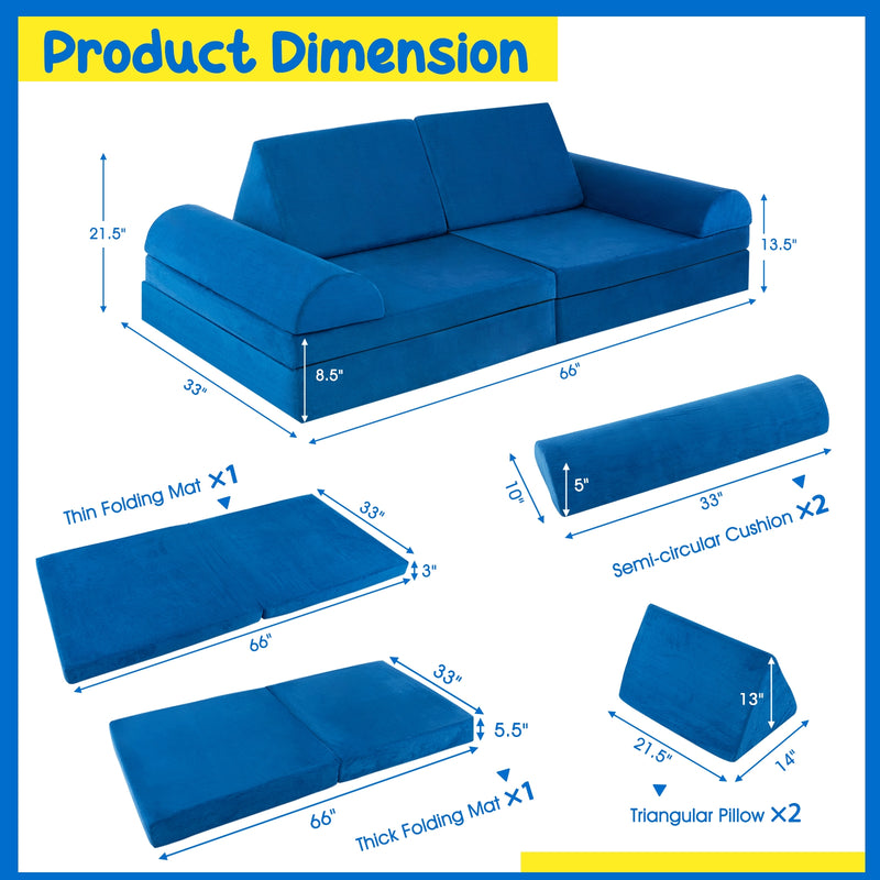 8 Pieces Convertible Kids Sofa Playset with Zipper-Blue