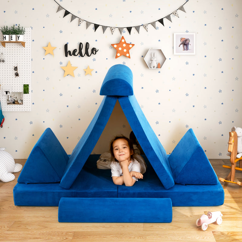 8 Pieces Convertible Kids Sofa Playset with Zipper-Blue