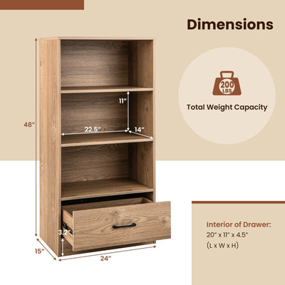 4-Tier Storage Bookcase with Open Shelves Drawer and Anti-toppling Device-Natural