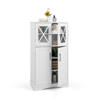 4 Doors Freeestanding Bathroom Floor Cabinet with Adjustable Shelves-White