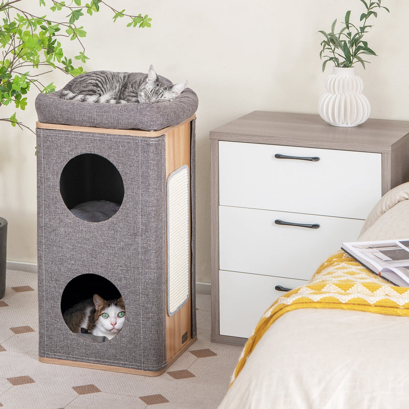 3-Story Cat House with Scratching Board for Indoor Cats-Gray