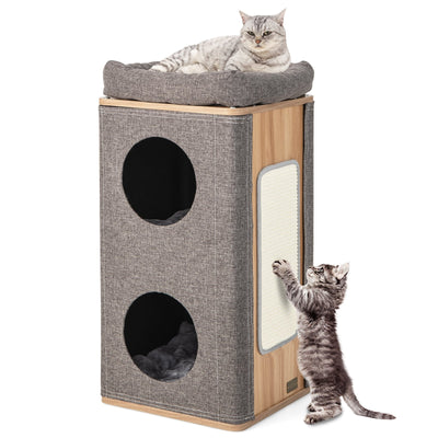 3-Story Cat House with Scratching Board for Indoor Cats-Gray