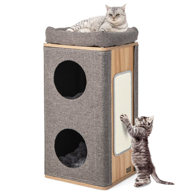 3-Story Cat House with Scratching Board for Indoor Cats-Gray