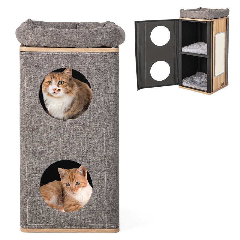 3-Story Cat House with Scratching Board for Indoor Cats-Gray