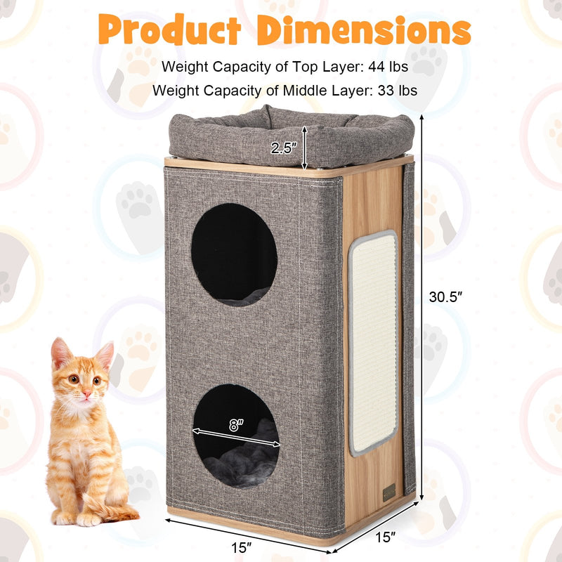 3-Story Cat House with Scratching Board for Indoor Cats-Gray