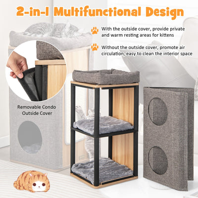 3-Story Cat House with Scratching Board for Indoor Cats-Gray