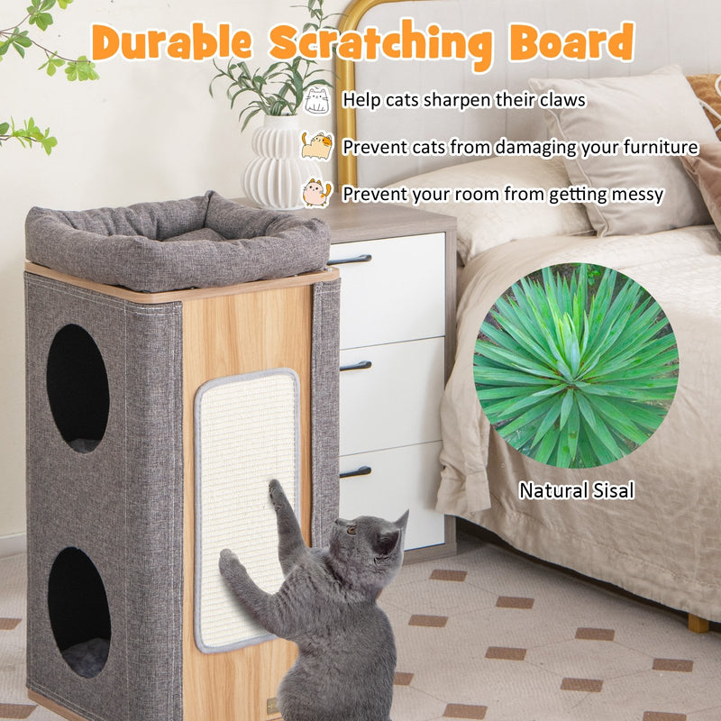 3-Story Cat House with Scratching Board for Indoor Cats-Gray