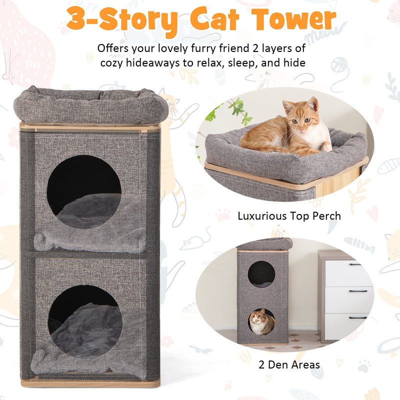 3-Story Cat House with Scratching Board for Indoor Cats-Gray