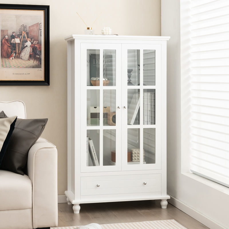 55 Inch Bookcase Cabinet with Tempered Glass Doors-White