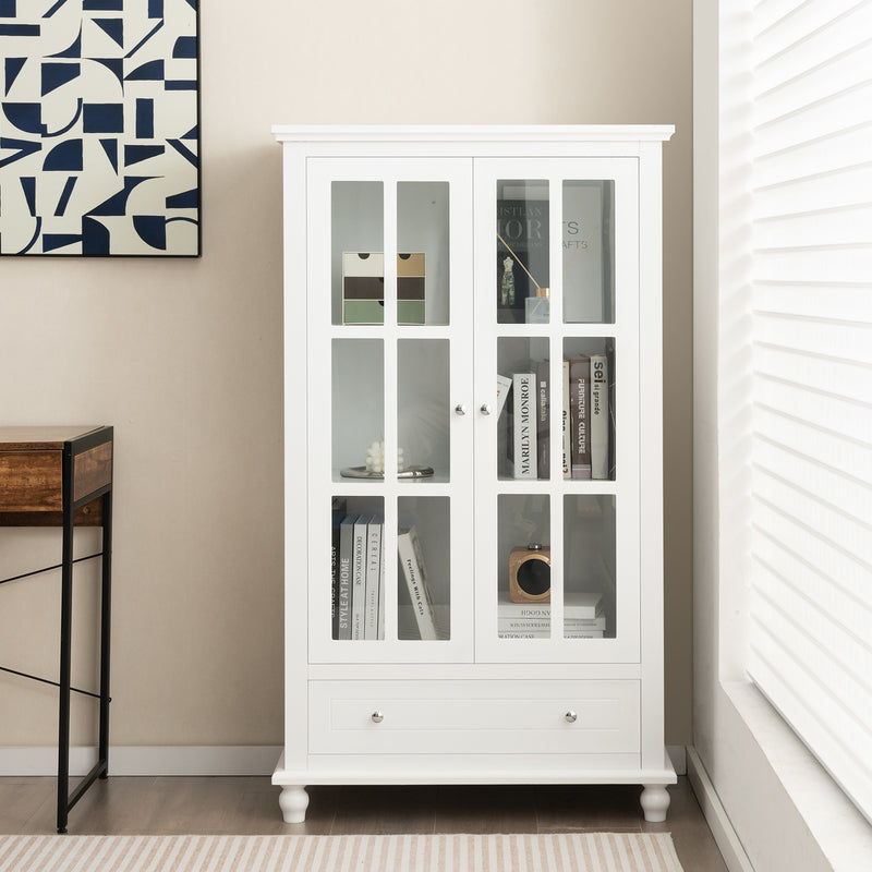 55 Inch Bookcase Cabinet with Tempered Glass Doors-White