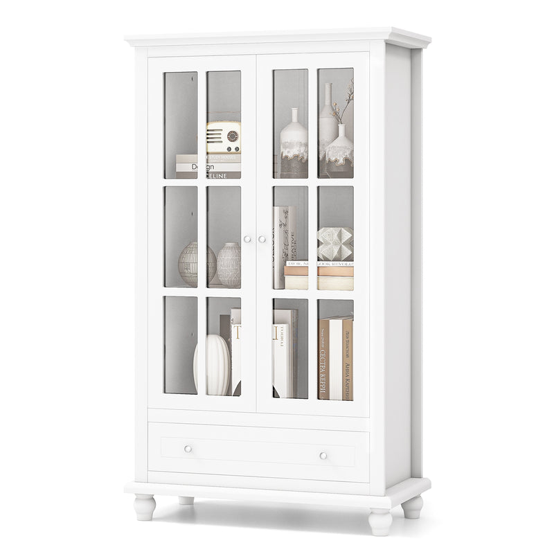 55 Inch Bookcase Cabinet with Tempered Glass Doors-White