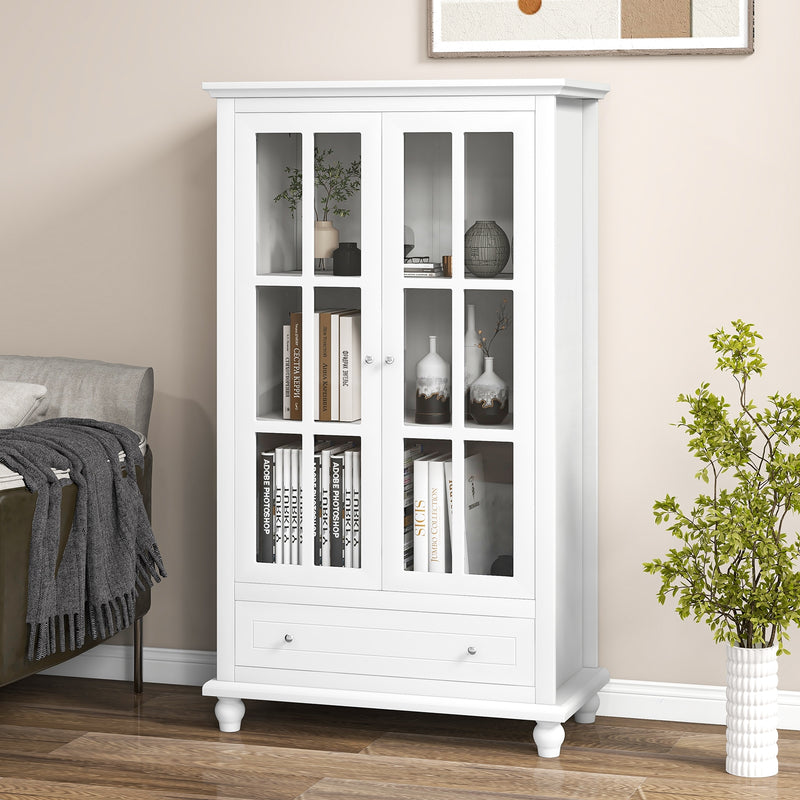 55 Inch Bookcase Cabinet with Tempered Glass Doors-White