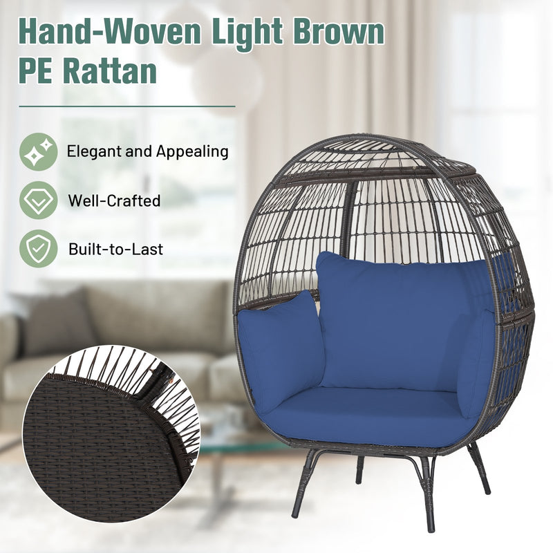 Oversized Patio Rattan Egg Lounge Chair with 4 Cushions-Navy