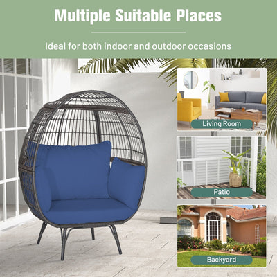 Oversized Patio Rattan Egg Lounge Chair with 4 Cushions-Navy