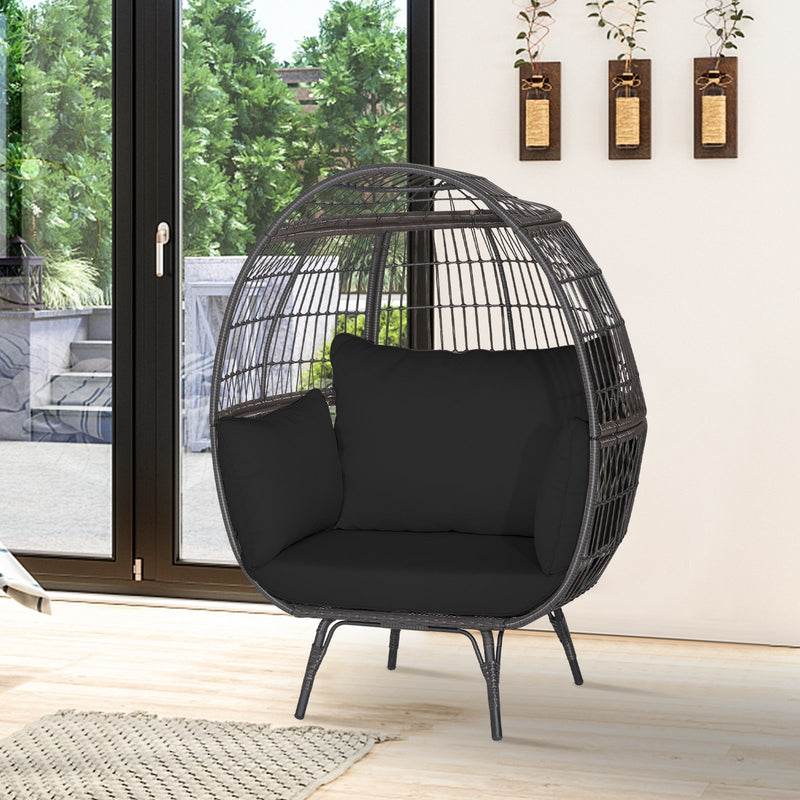 Oversized Indoor Wicker Egg Chair with Sturdy Metal Frame for Patio-Black