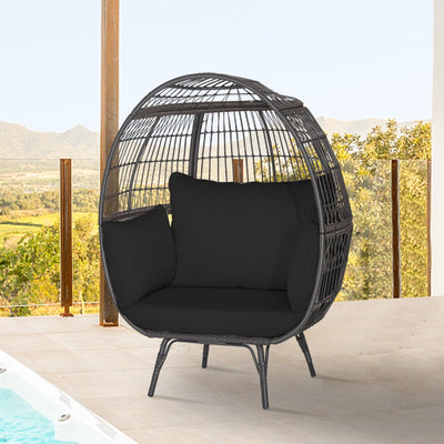 Oversized Indoor Wicker Egg Chair with Sturdy Metal Frame for Patio-Black