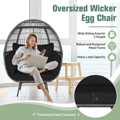 Oversized Indoor Wicker Egg Chair with Sturdy Metal Frame for Patio-Black