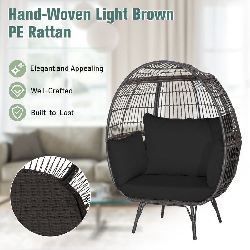 Oversized Indoor Wicker Egg Chair with Sturdy Metal Frame for Patio-Black