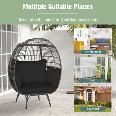 Oversized Indoor Wicker Egg Chair with Sturdy Metal Frame for Patio-Black