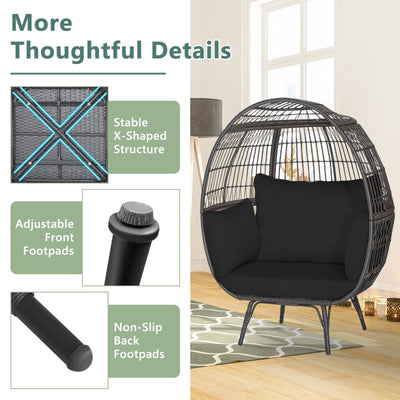 Oversized Indoor Wicker Egg Chair with Sturdy Metal Frame for Patio-Black