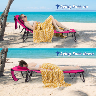 Beach Chaise Lounge Chair with Face Hole and Removable Pillow-Pink